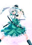  1girl bow green_eyes hair_bow highres kakao_(noise-111) katana konpaku_youmu pose short_hair silver_hair solo sword touhou weapon 