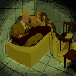  4boys amputee armband bandage_over_one_eye bathroom bathtub beard beard_stubble chair chinese_commentary cramped crowded eren_yeager facial_hair falco_grice frown glasses highres jennyko8583 letter male_focus marley_military_uniform missing_eye multiple_boys reiner_braun shingeki_no_kyojin stubble wooden_chair zeke_yeager 