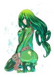  1girl ass asui_tsuyu back belt black_eyes bodysuit boku_no_hero_academia buckle frog_girl green_hair kneeling long_hair monster_girl sasamaru_(sasamaru) smile 