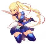  1girl blonde_hair blue_boots blue_eyes blue_gloves blue_legwear boots breasts elbow_gloves gloves kneeling limalisha long_hair looking_away madan_no_ou_to_vanadis mckeee midriff navel ready_to_draw side_ponytail simple_background skirt solo sword thigh-highs thigh_boots very_long_hair weapon white_background 