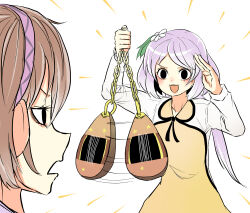  2girls :d collarbone collared_shirt commentary_request dress earmuffs flower hair_flower hair_ornament highres holding holding_instrument instrument instrument_request long_sleeves multiple_girls open_mouth parted_bangs peroponesosu. shirt smile solid_circle_pupils touhou tsukumo_benben tsukumo_yatsuhashi white_background white_shirt yellow_dress 