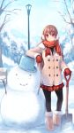  1girl ankle_boots arm_support black_legwear boots breath brown_hair bucket coat comic earmuffs fur_boots highres long_hair mittens original pantyhose red_eyes scarf shovel skirt smile snow snowman solo tree ugg_boots worktool yatsuashi_matomo 