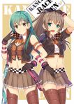  2girls :d blue_eyes breasts brown_hair checkered cleavage detached_collar gloves green_eyes green_hair hair_ornament hairclip hand_on_hip horosuke_(toot08) kantai_collection kumano_(kantai_collection) locked_arms long_hair midriff multiple_girls open_mouth pleated_skirt ponytail racequeen skirt smile suzuya_(kantai_collection) thigh-highs umbrella vest 