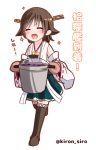  1girl :d ^_^ bad_food blush brown_hair closed_eyes hiei_(kantai_collection) holding kantai_collection nontraditional_miko open_mouth oven_mitts pot ribbon-trimmed_sleeves ribbon_trim shiro_(kiron) short_hair simple_background skirt smile solo sparkle translation_request twitter_username white_background 