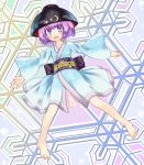  1girl :d alternate_color barefoot blush bowl_hat feet gplnbeat highres japanese_clothes kimono looking_at_viewer minigirl obi open_mouth purple_hair sash short_hair smile solo sukuna_shinmyoumaru touhou violet_eyes wide_sleeves 