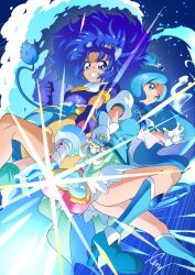  2girls absurdres animal_ears blue_boots blue_choker blue_eyes blue_gloves blue_hair blue_theme blue_vest boots breasts choker commentary_request crown crown_earrings cure_fontaine cure_gelato earrings extra_ears gloves gold_crown hair_ornament healin'_good_precure healing_animal healing_wand heart heart_hair_ornament heart_wand highres jewelry kirakira_precure_a_la_mode lion_ears lion_tail long_hair looking_at_viewer magical_girl multiple_girls pegitan_(precure) pointed_crown precure sawaizumi_chiyu smile split_ponytail tail tategami_aoi thigh-highs tirofinire vest wide_ponytail 