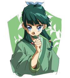  baggy_clothes beads blue_eyes blue_ribbon chinese_clothes commentary_request green_hair hair_beads hair_ornament hair_ribbon highres kusuriya_no_hitorigoto leaf light_smile looking_at_viewer maomao_(kusuriya_no_hitorigoto) medium_hair ribbon shino_(2919) 