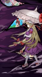  4girls blonde_hair bow chinese_commentary closed_eyes closed_mouth commentary_request day dress frilled_dress frills from_side gap_(touhou) hair_bow hakurei_reimu hat highres holding holding_umbrella konpaku_youmu kori_morri multiple_girls multiple_hair_bows pantyhose pink_shoes pink_umbrella portal_(object) purple_dress red_bow red_ribbon ribbon saigyouji_yuyuko shoes smile solo_focus touhou umbrella white_hat white_pantyhose yakumo_yukari yawning 