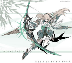  1girl absurdres armor arrow_(projectile) blonde_hair boots bow_(weapon) closed_mouth copyright_name dated drawing_bow dress elf english_text floating_hair full_body gloves green_dress green_eyes hair_between_eyes hairband hibiki04014 highres holding holding_arrow holding_bow_(weapon) holding_weapon long_hair original parted_lips pointy_ears solo thigh-highs twitter_username weapon white_thighhighs 