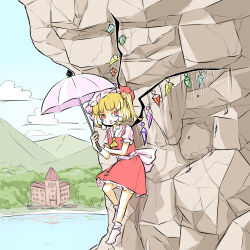  1girl ascot back_bow blonde_hair bow clouds collared_shirt commentary_request crystal_wings day flandre_scarlet frilled_skirt frills hair_bow hat highres holding holding_umbrella lake misty_lake mob_cap mountain peroponesosu. pink_umbrella puffy_short_sleeves puffy_sleeves red_bow red_eyes red_skirt red_vest rock scarlet_devil_mansion shaded_face shirt short_hair short_sleeves side_ponytail skirt slit_pupils socks solo stuck sweat touhou tree umbrella vest white_bow white_hat white_shirt white_socks wings yellow_ascot 