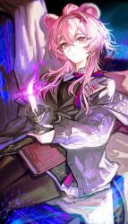  1girl absurdres arknights black_jacket black_pantyhose blurry candle candlestand cardigan chinese_commentary closed_mouth commentary_request crossed_bangs english_commentary expressionless feitong27 fire glasses grey_cardigan hair_between_eyes hair_ornament highres jacket lin_(arknights) lin_(knowledge_and_magic)_(arknights) long_hair looking_at_viewer mixed-language_commentary off_shoulder official_alternate_costume pantyhose pink_eyes pink_fire pink_hair red_pupils single_sleeve_past_wrist sitting solo 