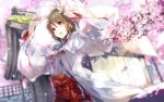  1girl blurry brown_eyes brown_hair cherry_blossoms depth_of_field dutch_angle hakama holding japanese_clothes miko original petals ribbon-trimmed_sleeves ribbon_trim solo yuugen 