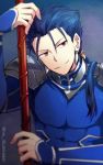  1boy blue_hair earrings fate/stay_night fate_(series) gae_bolg jewelry lancer long_hair niu_illuminator polearm ponytail red_eyes solo spear weapon 