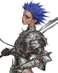  1girl armor artist_name blue_hair breastplate closed_mouth couter ear_piercing face_piercing gauntlets grey_eyes highres holding holding_sword holding_weapon looking_up makeup mam_ba naked_armor nose original pauldrons piercing short_hair shoulder_armor simple_background solo spiked_armor spiked_pauldrons spikes spiky_hair sword upper_body very_short_hair weapon white_background 
