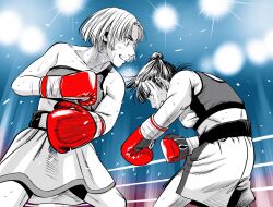  2girls blue_background boxing boxing_gloves boxing_ring boxing_shorts breasts commentary_request flying_sweatdrops gloves hatching_(texture) high_ponytail highres hunched_over lee_(dragon_garou) midriff miniskirt motion_lines multiple_girls original partially_colored ponytail punching red_gloves short_hair shorts single_strap skirt small_breasts sports_bra sweat toned toned_female 