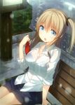  1girl :o absurdres black_bra blue_eyes bra breasts brown_hair cleavage highres long_sleeves one_side_up park_bench rain see-through siva_(executor) sleeves_rolled_up tagme underwear wet wet_clothes wet_shirt 