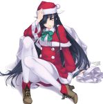  1girl black_hair dated hair_over_one_eye hayashimo_(kantai_collection) kantai_collection legs long_hair on_floor pantyhose rokuwata_tomoe santa_costume signature simple_background sitting solo very_long_hair white_background yellow_eyes 