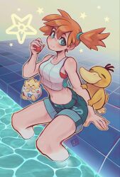  1girl beak bird blue_eyes blue_shorts closed_eyes denim denim_shorts duck highres holding holding_poke_ball looking_at_viewer misty_(pokemon) navel orange_hair poke_ball poke_ball_(basic) pokemon pokemon_(creature) pokemon_heartgold_and_soulsilver poolside psyduck shorts side_ponytail sitting smile star_(symbol) tank_top tile_floor tiles togepi troolou water white_tank_top 