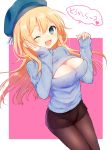  1girl ;d alternate_costume atago_(kantai_collection) black_legwear blonde_hair blue21 blush breasts cleavage cleavage_cutout hand_on_own_cheek hat kantai_collection large_breasts long_hair looking_at_viewer one_eye_closed open-chest_sweater open_mouth pantyhose ribbed_sweater simple_background smile solo sweater translated turtleneck turtleneck_sweater 