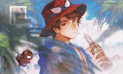  1boy animal_print brown_hair commentary hat highres looking_at_viewer male_focus marvel marvel_rivals mengxiaheqing peter_parker short_hair smile solo spider-man spider-man_(series) spider_print spider_web_print toy untranslatable_commentary 