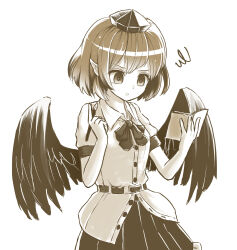  1girl bird_wings bow bowtie buttons closed_mouth collared_shirt commentary_request feathered_wings frilled_skirt frills hair_between_eyes hat highres holding holding_notebook holding_pen notebook pen peroponesosu. pointy_ears reading shameimaru_aya shirt short_hair short_sleeves skirt sleeve_cuffs solo squiggle standing tokin_hat touhou white_background wings 
