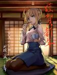  1girl blonde_hair chopsticks cushion eating essual_(layer_world) fate/stay_night fate_(series) highres pantyhose rice_bowl saber seiza sitting skirt solo 