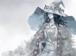  1girl blue_eyes blue_hair blue_skin cape cloak colored_skin commentary cracked_skin doll_joints dress elden_ring extra_arms extra_faces fur_cape fur_cloak hands_on_lap hat highres joints large_hat medium_hair ranni_the_witch schizophre4044 sitting solo steepled_fingers white_background white_dress witch witch_hat 