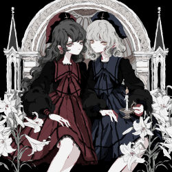  2girls absurdres black_background black_dress black_hair bow candle candlestand closed_mouth collared_dress commentary cross dress earrings feet_out_of_frame flower frills grey_eyes grey_hair hat highres holding holding_candle jewelry lace_trim lily_(flower) lolita_fashion long_hair long_sleeves looking_at_viewer medium_hair multiple_girls original puffy_long_sleeves puffy_sleeves red_dress sitting variant_set wavy_hair white_flower white_lily yellow_eyes yuko_(foret_noire) 