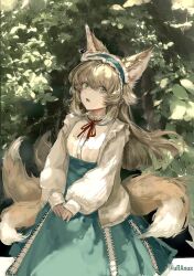  1girl absurdres animal_ear_fluff animal_ears arknights blonde_hair buttons cardigan chinese_commentary commentary frilled_hairband frills green_eyes green_hairband green_skirt hair_between_eyes hairband heixiu highres long_hair long_sleeves looking_at_viewer multiple_tails neck_ribbon official_alternate_costume open_cardigan open_clothes open_mouth own_hands_together plant puffy_long_sleeves puffy_sleeves red_ribbon ribbon skirt sleeves_past_wrists solo suzuran_(arknights) suzuran_(spring_praise)_(arknights) tail the_legend_of_luo_xiaohei uranus_(epmp8873) v_arms white_cardigan yellow_tail 