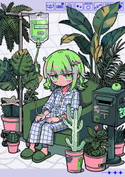  1girl absurdres bandaid blue_nails bored buttons cabinet cactus closed_mouth collared_shirt commentary couch english_commentary fern floor flower flower_pot foliage food fruit full_body green_eyes green_hair green_slippers hair_ornament hairclip half-closed_eyes highres hospital indoors intravenous_drip iv_stand jitome leaf long_sleeves looking_at_viewer medium_hair melon nail_polish original pajamas pants plaid_clothes plaid_pajamas plaid_pants plaid_shirt plant potted_plant shirt sitting slippers solo star_(symbol) star_hair_ornament terada_tera tile_floor tiles wristband 