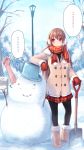  1girl ankle_boots arm_support black_legwear boots breath brown_hair bucket coat comic earmuffs ellipse fur_boots highres long_hair mittens original outstretched_arm pantyhose red_eyes scarf shovel skirt smile snow snowman solo tree trembling ugg_boots worktool yatsuashi_matomo 