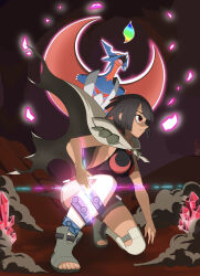  1girl absurdres anklet black_hair black_shirt closed_mouth commentary_request crystal glowing highres jewelry mega_pokemon mega_salamence on_one_knee open-toe_shoes pokemon pokemon_(creature) pokemon_omega_ruby_and_alpha_sapphire red_eyes salamence shirt short_hair shorts sleeveless sleeveless_shirt smoke suzu_(zinnialove_poke) thigh-highs toes white_thighhighs zinnia_(pokemon) 
