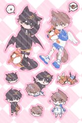  ? angel_wings animal_ears ball basketball_(object) bat_wings black_eyes black_hair brown_eyes brown_hair cat_ears character_doll chibi chibi_only choi_jongsu dog_ears doll full_body fum0_m0 fumo_(homosukii) garbage_time heart highres ki_sangho lower_eyelashes_only messy_hair mole mole_under_eye multiple_views number_print outline shoes sneakers speech_bubble sticker wings 