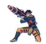  1boy aiming black_hair boots crossover dragon_ball dragon_ball_z faulds headband highres huge_weapon metal_gear_(series) one_knee scouter short_hair solo son_gokuu spiky_hair strap transparent_background weapon zededge 
