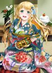  1girl :d alcohol atago_(kantai_collection) blonde_hair bottle breasts floral_print flower food green_eyes hair_ornament japanese_clothes kagami_mochi kantai_collection kasugano_tobari kimono long_hair long_sleeves obi open_mouth sake sake_bottle sash sitting smile solo tabi wide_sleeves 