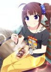  1girl ahoge bench blush brown_hair clothes_writing collarbone drill_hair food food_on_face fujimiya_yuu idolmaster idolmaster_million_live! lens_flare long_hair looking_at_viewer pants scrunchie side_ponytail sitting smile solo star_print steam t-shirt takoyaki violet_eyes yokoyama_nao 