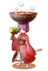  1girl barefoot black_sash blunt_bangs bowl bowl_hat closed_mouth food_request hat highres holding japanese_clothes kimono long_sleeves mini_person miracle_mallet needle obi peroponesosu. purple_hair red_kimono sash sewing_needle short_hair skirt smile solo standing steam sukuna_shinmyoumaru touhou violet_eyes white_skirt wide_sleeves 