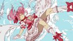  1girl bubble_skirt edoya_inuhachi feathers floating gloves hair_ribbon high_heels kaname_madoka magical_girl mahou_shoujo_madoka_magica open_mouth pink_hair puffy_sleeves ribbon short_hair short_twintails sky solo twintails 