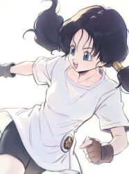  1girl akuto013 badge bike_shorts black_hair blue_eyes button_badge collarbone dragon_ball dragon_ball_z fingerless_gloves gloves highres long_hair shirt sketch smile twintails videl white_shirt 