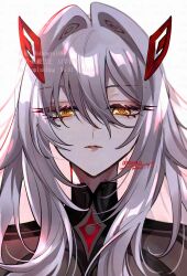  1girl akaneya_(akaneya1484) bodystocking commentary_request dated english_text genshin_impact grey_hair hair_between_eyes highres long_hair looking_at_viewer parted_lips ronova_(genshin_impact) signature simple_background solo symbol-shaped_pupils upper_body white_background yellow_eyes 