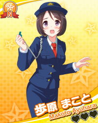  1girl :o ayuhara_makoto blue_hat blue_jacket blue_skirt bob_cut bowler_hat breasts brown_hair buttons card_(medium) card_commentary character_name commentary cowboy_shot diffraction_spikes dot_nose hand_up hat heart holding holding_whistle idol_wars jacket large_breasts layered_sleeves long_sleeves looking_at_viewer necktie official_art open_mouth pencil_skirt police police_hat police_uniform policewoman red_necktie shirt short_hair skirt solo sparkle star_(symbol) star_symbol_background tears teeth third-party_source upper_teeth_only violet_eyes whistle white_shirt yellow_background 