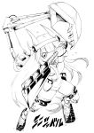  1girl absurdres bare_shoulders excavator headgear highres kamimamu long_hair machinery mini_excavator_(ole_tower) monochrome ole_tower open_mouth solo weapon 