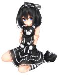  1girl :/ black_hair blue_eyes blush doll_hug dress frills full_body gothic_lolita hairband kneehighs lolita_fashion looking_at_viewer mizushina_minato object_hug original platform_footwear shoes simple_background solo striped striped_legwear stuffed_animal stuffed_toy teddy_bear white_background 