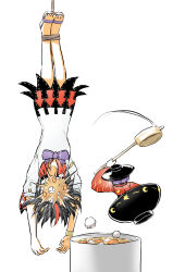  2girls arrow_print black_dress black_hair bow bowl bowl_hat bowtie commentary_request crescent_print dress floating food food_request hat highres holding in_bowl in_container in_the_face japanese_clothes kijin_seija kimono leaf_print long_sleeves mini_person multicolored_dress multiple_girls peroponesosu. purple_bow purple_bowtie purple_hair red_kimono short_hair short_sleeves sukuna_shinmyoumaru tofu tool_request touhou upside-down white_background white_dress 