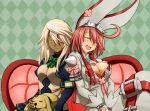 2girls =_= ahoge animal belt blonde_hair blush bow bra breasts bridal_veil cleavage cleavage_cutout closed_eyes clover colored_eyelashes cravat dark_skin dog dress drooling earrings elphelt_valentine four-leaf_clover gloves guilty_gear guilty_gear_xrd hairband hasebe_akira huge_ahoge jewelry large_breasts leaning leaning_on_person long_hair multiple_girls open_mouth pink_hair ramlethal_valentine red_bra short_hair siblings sisters sleeping smile spikes underwear veil 
