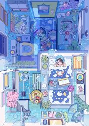  1girl absurdly_detailed_composition analog_clock artist_name bag bathing bathroom bird's_eye_view blue_flower blue_hat blue_rose brown_hair bubble candle clock closed_eyes closed_mouth commentary_request cool_colors door drain_(object) faucet flower from_above fruit_bowl hair_dryer hat highres indoors laundry_basket loaded_interior mirror original paper_bag partially_submerged phonograph pink_flower pink_robe pink_rose plant polka_dot polka_dot_hat potted_plant red_flower robe rose rubber_duck scissors shelf shower_head sink slice_of_life soap_bubbles solo stuffed_animal stuffed_toy swim_cap swimsuit tile_floor tile_wall tiles toilet toilet_paper toothbrush towel tray unworn_robe wan_(rdnt5487) water white_flower window yellow_flower 