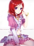  1girl alternate_costume character_name dress etsuo frills highres looking_at_viewer love_live!_school_idol_project midriff miniskirt music_s.t.a.r.t!! navel nishikino_maki pink_dress pink_skirt puffy_short_sleeves puffy_sleeves redhead short_hair short_sleeves sitting skirt song_name violet_eyes 