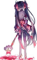  1girl 2f2qx blood blood_on_ground blue_hair boots bow commentary_request dress dress_bow from_behind full_body hair_bow hatsune_miku high_heels highres holding holding_staff ima_sugu_rinne_(vocaloid) long_hair long_legs magical_girl pink_bow pink_dress puffy_short_sleeves puffy_sleeves short_sleeves solo staff standing striped_bow twintails very_long_hair vocaloid white_background white_boots 