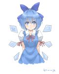  1girl :t angry annoyed arms_behind_back blue_bow blue_dress blue_eyes blue_hair blush bow cirno detached_wings dress hair_bow ice ice_wings pout puffy_short_sleeves puffy_sleeves short_hair short_sleeves small_gyaku_(cyjalway) solo touhou white_background wings 