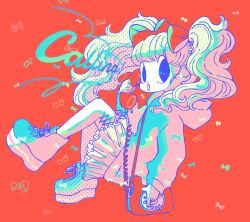  1girl antique_phone aqua_hair blonde_hair blue_eyes blunt_bangs boots bow bow_print colored_inner_hair commentary corded_phone curly_hair english_commentary english_text floating floating_hair frilled_skirt frills full_body gradient_hair hair_bow hair_ribbon happy_(happi_illust) holding holding_phone hood hood_down hooded_jacket jacket knees_up large_bow leg_up long_hair long_sleeves looking_at_viewer miniskirt multicolored_hair open_mouth original outstretched_leg patterned_background phone pink_hair pink_skirt platform_boots polka_dot print_background print_jacket red_background red_bow ribbon rotary_phone sitting skirt sleeves_past_wrists solo twintails wavy_hair white_skirt 